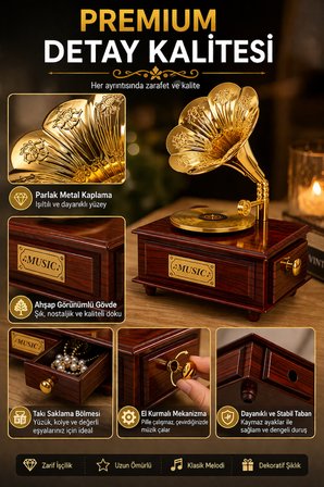 Nostaljik Gramofon Müzik Kutusu Takı Kutusu El Kurmalı Altın Dekoratif Hediye Ürünü Şık