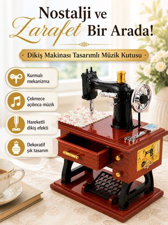Dikiş Makinası Müzik Kutusu Nostaljik Dekoratif Hediyelik Kurmalı Mekanik Çekmeceli Model
