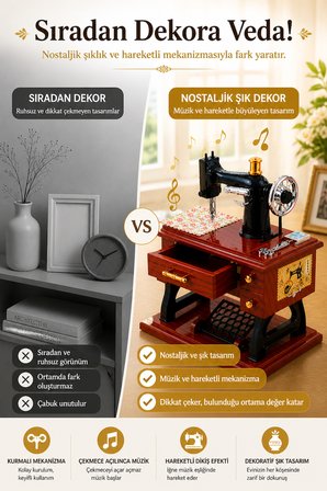 Dikiş Makinası Müzik Kutusu Nostaljik Dekoratif Hediyelik Kurmalı Mekanik Çekmeceli Model