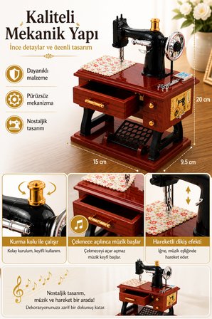 Dikiş Makinası Müzik Kutusu Nostaljik Dekoratif Hediyelik Kurmalı Mekanik Çekmeceli Model