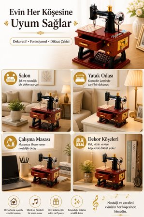 Dikiş Makinası Müzik Kutusu Nostaljik Dekoratif Hediyelik Kurmalı Mekanik Çekmeceli Model