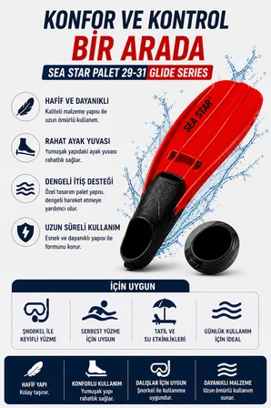 Deniz Paleti 29-31 Numara Yüzme Paleti Snorkel Dalış Rahat Esnek Hafif Tatil Paleti Seti Kırmızı Siyah