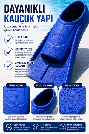 Mavi 41-42 Numara Yüzme Paleti Kauçuk Kısa Palet Havuz Deniz Antrenman Erkek Unisex Ayak