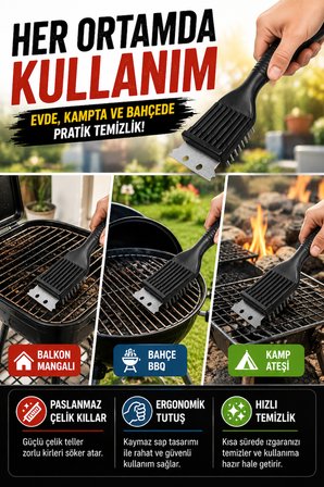 Mangal BBQ Temizlik Fırçası Paslanmaz Çelik Kıllı Izgara Temizleme Fırçası Ergonomik