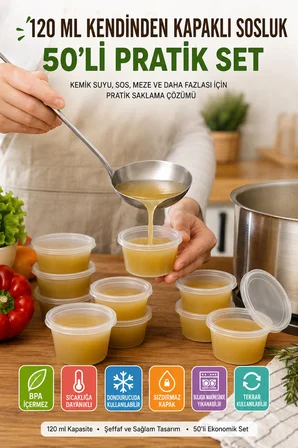 120 Ml Kendinden Kapaklı Sosluk Saklama Kabı 50’li Set Sızdırmaz Şeffaf PP Plastik