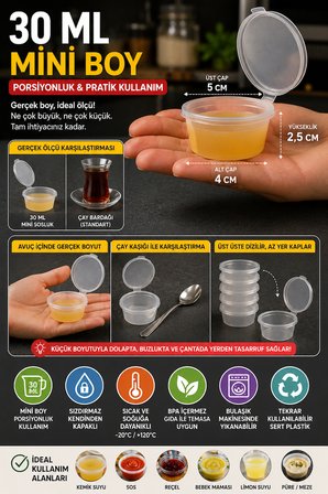 30 Ml Kendinden Kapaklı Şeffaf Sosluk 50’li Set Sızdırmaz Mini Saklama Kabı BPA’sız
