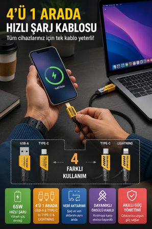 4’ü 1 Arada 65W Hızlı Şarj Kablosu USB-A Type-C Lightning Örgülü Veri Kablosu Siyah
