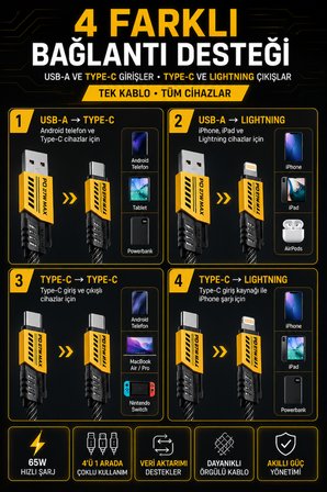 4’ü 1 Arada 65W Hızlı Şarj Kablosu USB-A Type-C Lightning Örgülü Veri Kablosu Siyah