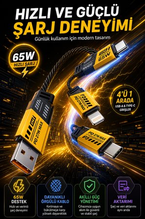 4’ü 1 Arada 65W Hızlı Şarj Kablosu USB-A Type-C Lightning Örgülü Veri Kablosu Siyah