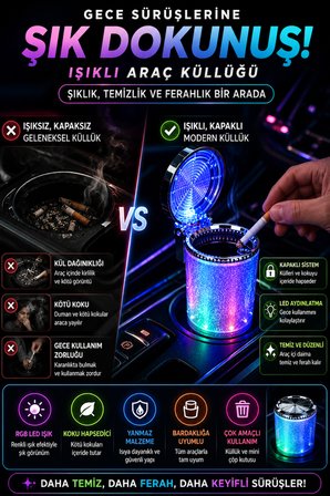 Işıklı Araç Küllüğü Led Kapaklı Koku Hapsetmeli Bardaklığa Uyumlu Mini Çöp Kutusu