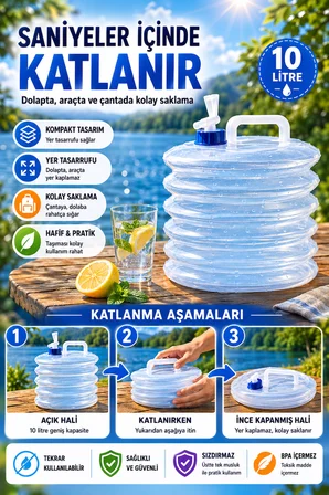 10 Litre Katlanabilir Su Bidonu Musluklu Kamp Piknik Karavan Seyahat Su Kovası Taşınır