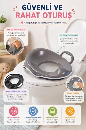Stone Gri Çocuk Tuvalet Alıştırma Adaptörü Kulplu Kaymaz Tabanlı Ergonomik Klozet Aparatı