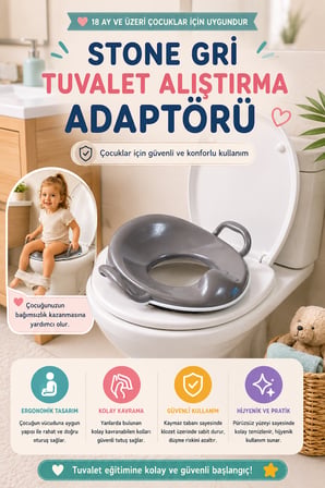 Stone Gri Çocuk Tuvalet Alıştırma Adaptörü Kulplu Kaymaz Tabanlı Ergonomik Klozet Aparatı