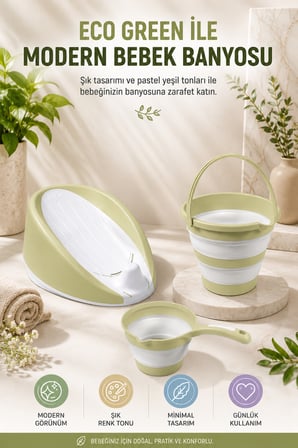 3’lü Banyo Seti Katlanır Bebek Banyo Seti Eco Green Kovalı Maşrapalı Sırt Destekli 