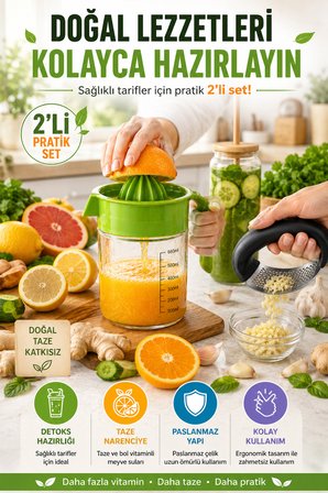 2’li Mutfak Seti Narenciye Sıkacağı Sarımsak Ezici Manuel Limonluk 660 ML Pratik Set