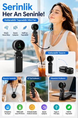 Siyah Taşınabilir Mini Fan Katlanabilir Boyuna Asılabilir USB Şarjlı Sessiz El Tipi Vantilatör