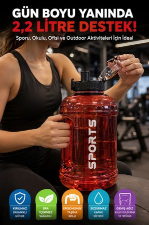 2.2 Litre Spor Matara Suluk BPA İçermez Taşıma Kulplu Sızdırmaz Büyük Hacim Şişe Kırmızı