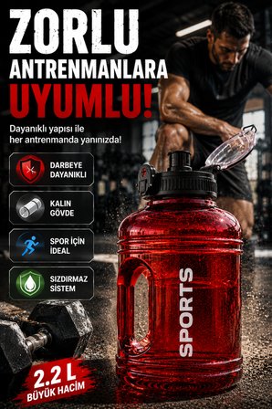 2.2 Litre Spor Matara Suluk BPA İçermez Taşıma Kulplu Sızdırmaz Büyük Hacim Şişe Kırmızı
