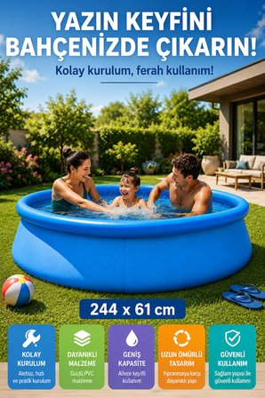 Easy Kolay Kurulum Mavi Şişme Bahçe Havuzu 244x61 cm Aile Boyu Yazlık Havuz Keyfi Seti