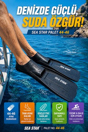 Siyah Sea Star Deniz Paleti 44-46 Tam Ayak Siyah Yüzme Şnorkel Dalış Paleti Yetişkin Unisex