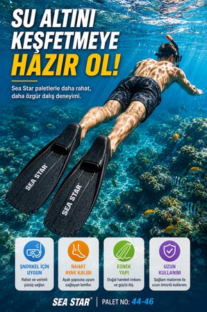 Siyah Sea Star Deniz Paleti 44-46 Tam Ayak Siyah Yüzme Şnorkel Dalış Paleti Yetişkin Unisex