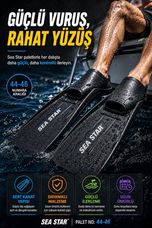 Siyah Sea Star Deniz Paleti 44-46 Tam Ayak Siyah Yüzme Şnorkel Dalış Paleti Yetişkin Unisex