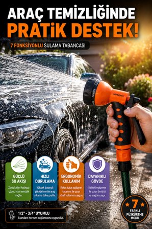 7 Fonksiyonlu Bahçe Sulama Tabancası Ayarlanabilir Su Püskürtme Başlığı Ergonomik Tutuşlu