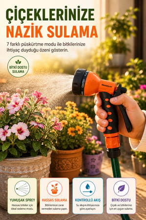 7 Fonksiyonlu Bahçe Sulama Tabancası Ayarlanabilir Su Püskürtme Başlığı Ergonomik Tutuşlu