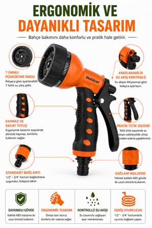 7 Fonksiyonlu Bahçe Sulama Tabancası Ayarlanabilir Su Püskürtme Başlığı Ergonomik Tutuşlu
