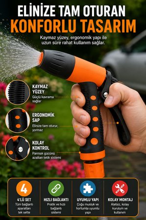 4lü Set Bahçe Sulama Tabancası Tazyikli Su Tabancası Hortum Aparatlı Ayarlı Sprey Ucu