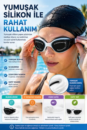 Beyaz Silikon Yüzücü Gözlüğü UV Filtre Buğu Önleyici Havuz Deniz Yetişkin Çocuk Gözlük