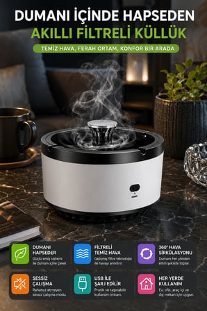 Akıllı Filtreli Küllük USB Şarjlı Duman Emici Masaüstü Koku Azaltıcı Küllük Beyaz Model