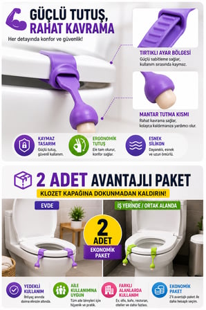 2'li Set Mantar Tasarımlı Klozet Kapağı Kaldırma Aparatı Silikon Hijyenik Tutacak Renkli 24 cm