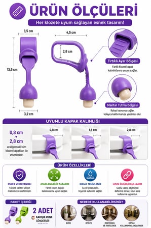 2'li Set Mantar Tasarımlı Klozet Kapağı Kaldırma Aparatı Silikon Hijyenik Tutacak Renkli 24 cm