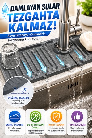 Mutfak Banyo Lavabo Musluk Kenarı Silikon Mat Gri Su Yönlendiren Tezgah Koruyucu 30x10,5 cm