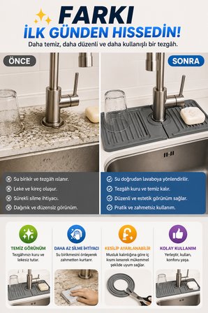Mutfak Banyo Lavabo Musluk Kenarı Silikon Mat Gri Su Yönlendiren Tezgah Koruyucu 30x10,5 cm