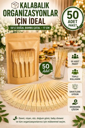 50'li Doğal Bambu Çatal 17 cm Kullan At Parti Davet Piknik Baby Shower İkramlık Sunum Seti