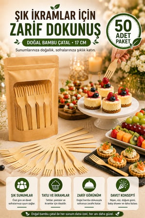 50'li Doğal Bambu Çatal 17 cm Kullan At Parti Davet Piknik Baby Shower İkramlık Sunum Seti