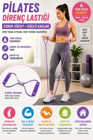 Pilates Direnç Lastiği 8 Şekilli Egzersiz Bandı Evde Spor Fitness Esneme ve Duruş Destekli