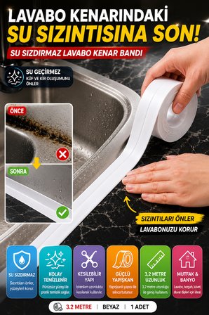 Su Sızdırmaz Lavabo Kenar Bandı 3.2 Metre Beyaz Mutfak Banyo Küvet Klozet Derz Koruma Bandı 