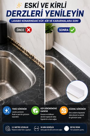Su Sızdırmaz Lavabo Kenar Bandı 3.2 Metre Beyaz Mutfak Banyo Küvet Klozet Derz Koruma Bandı 