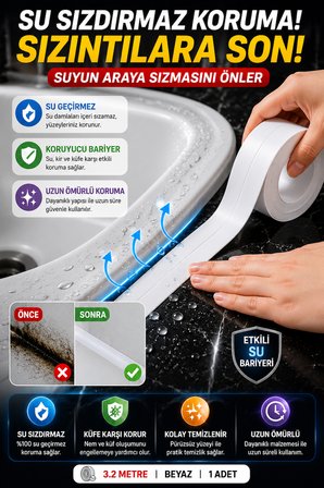 Su Sızdırmaz Lavabo Kenar Bandı 3.2 Metre Beyaz Mutfak Banyo Küvet Klozet Derz Koruma Bandı 