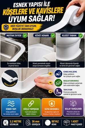 Su Sızdırmaz Lavabo Kenar Bandı 3.2 Metre Beyaz Mutfak Banyo Küvet Klozet Derz Koruma Bandı 