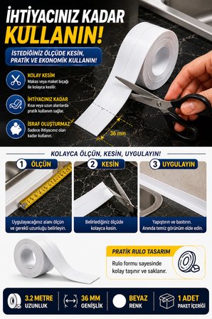 Su Sızdırmaz Lavabo Kenar Bandı 3.2 Metre Beyaz Mutfak Banyo Küvet Klozet Derz Koruma Bandı 