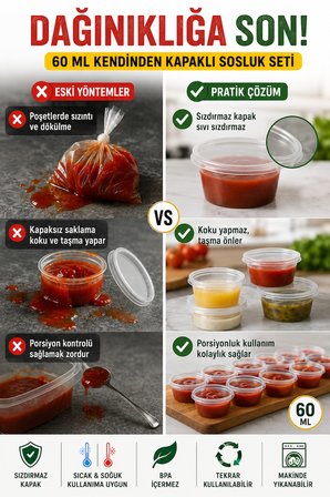 100'lü Set 60 ML Kendinden Kapaklı Sosluk Set Sızdırmaz BPA İçermez Tekrar Kullanılabilir