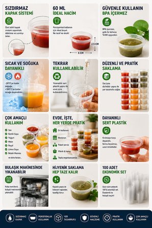 100'lü Set 60 ML Kendinden Kapaklı Sosluk Set Sızdırmaz BPA İçermez Tekrar Kullanılabilir