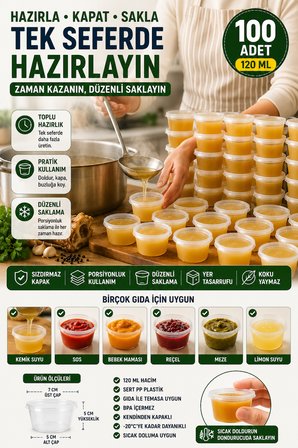 100'lü Set I 120 Ml Kendinden Kapaklı Sosluk Saklama Kabı 50’li Set Sızdırmaz Şeffaf PP Plastik