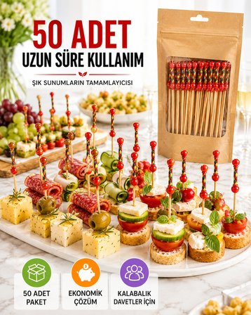 50 Adet Dekoratif Kırmızı Örgülü Bambu Kürdan 12 cm Kokteyl Parti Kanepe Sunum Çubuğu Seti Paket