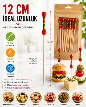 50 Adet Dekoratif Kırmızı Örgülü Bambu Kürdan 12 cm Kokteyl Parti Kanepe Sunum Çubuğu Seti Paket