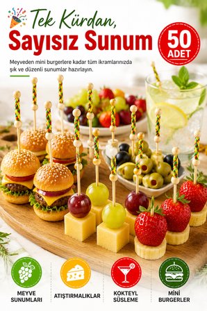 50 Adet Dekoratif Sarı Örgülü Bambu Kürdan 12 cm Parti Davet Kokteyl Meyve Sunum Kürdanı Seti Paket